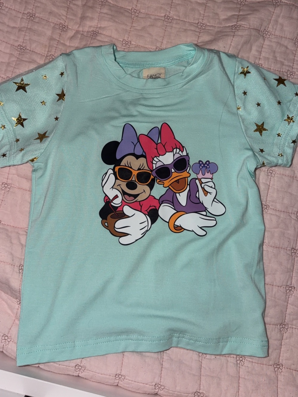 Kids Mint Green Character Graphic Tee with Gold Star Sleeves